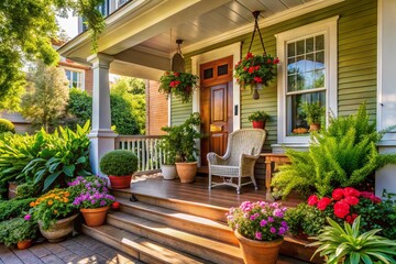 Fototapeta premium Charming Home Porch Curb Appeal: Rustic Decor & Cozy Seating Ideas