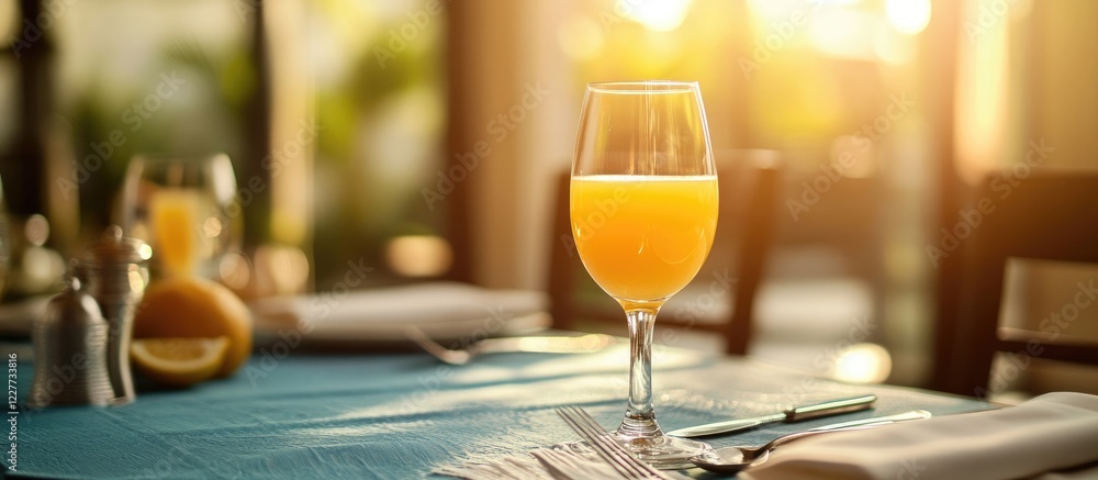 Poster glass of refreshing orange juice on a beautifully arranged dinner table with empty space for text en