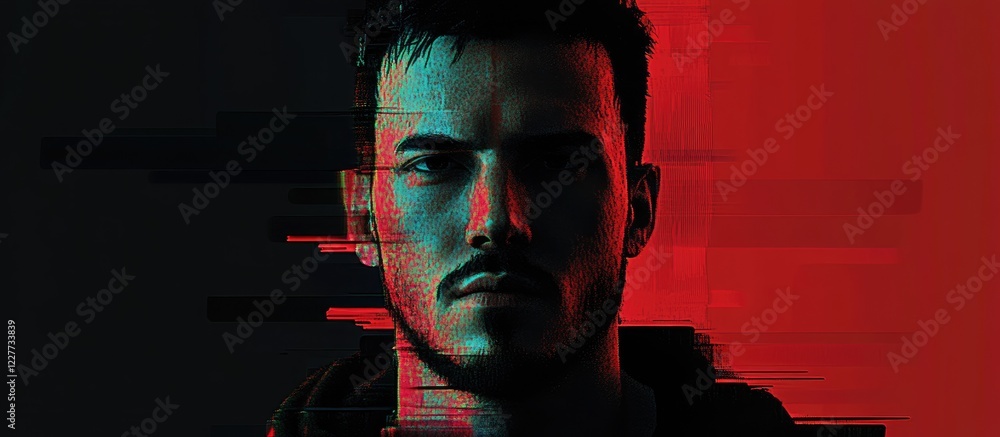 Poster glitch art portrait with digital noise and low refresh rate effects for creative text overlay and mo