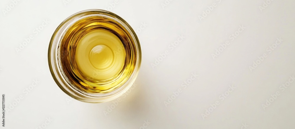 Poster top view of a glass of white wine on a clean white background with ample empty space for text or bra