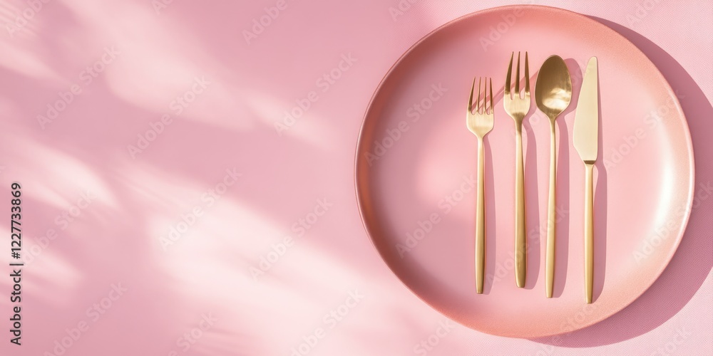 Poster elegant gold cutlery arranged on a pink plate creating a sophisticated table setting with space for 