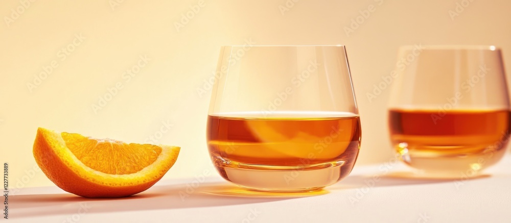 Poster refreshing amber juice served in elegant glasses accompanied by fresh orange slices and ample copy s