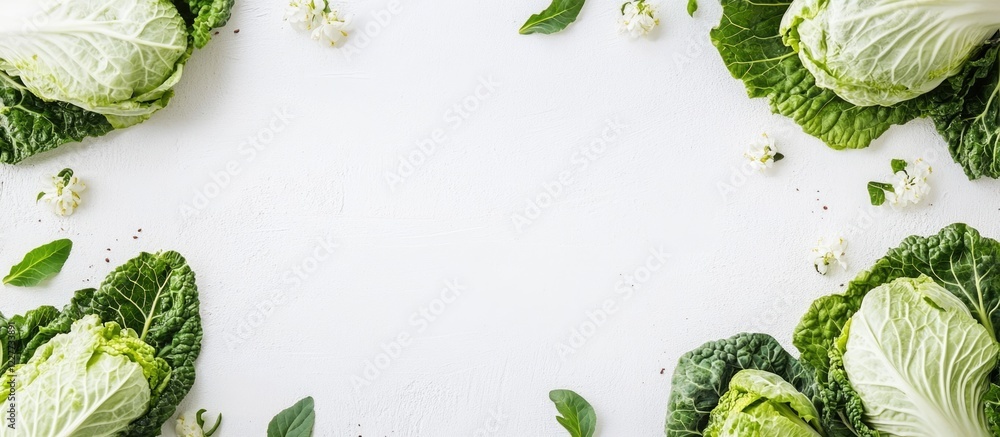 Poster fresh napa cabbage arranged on a white background with leafy greens and blossoms creating a frame fo