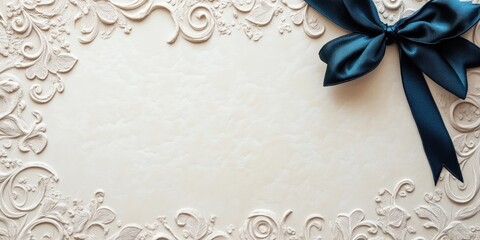 Elegant Ivory Invitation Design with Dark Blue Ribbon and Floral Embellishments Featuring Blank Space for Custom Text