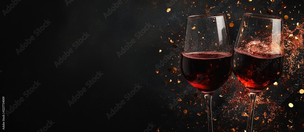 Poster glasses clinking with red wine creating splashes on a dark background with empty space for text and 