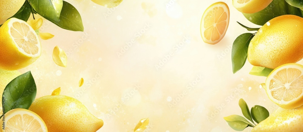 Poster fresh lemons with leaves and slices arranged on a soft background creating a vibrant space for text 