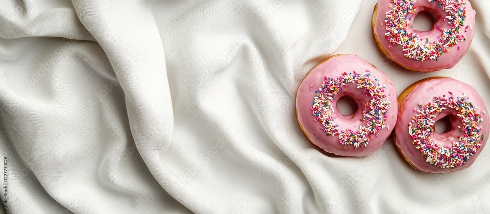 Poster glazed pink donuts with colorful sprinkles on white fabric background top view with space for text i
