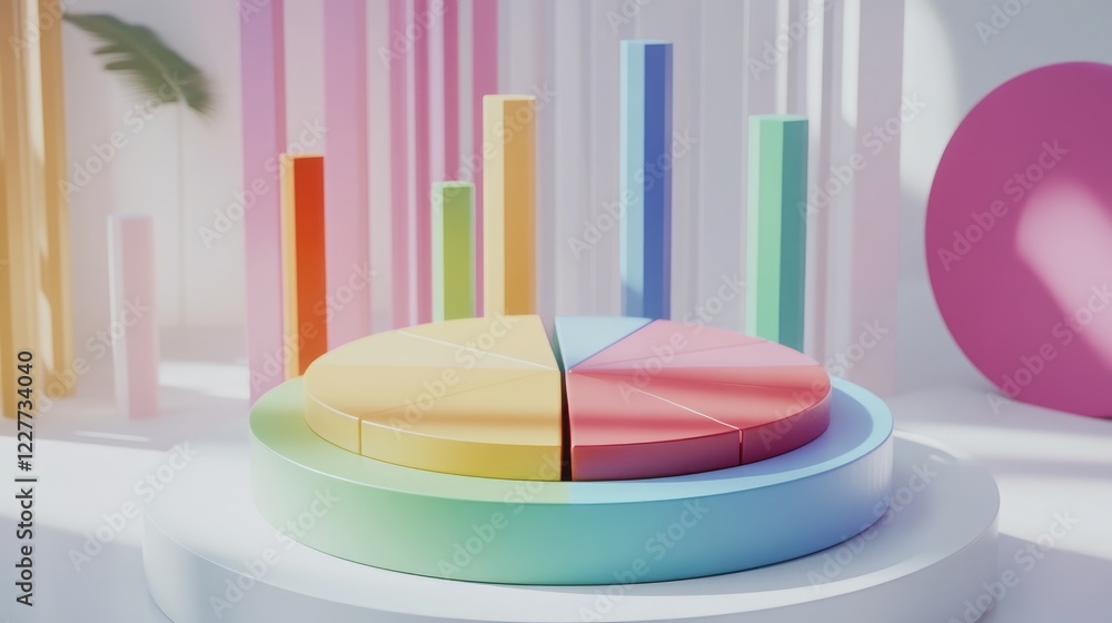 Poster a vibrant d pie chart with multiple colorful segments, representing financial data distribution, set