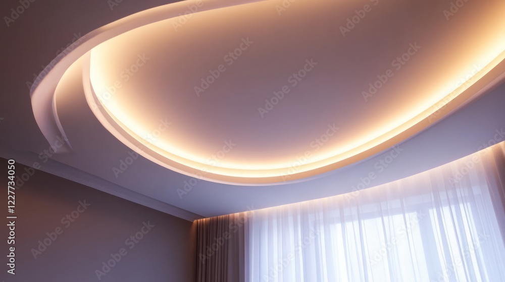 Poster modern illuminated ceiling design with curved lines and soft lighting creating a serene ambiance in 