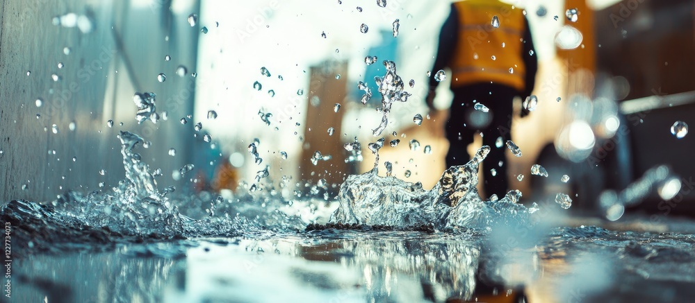 Poster construction site workers collaborating while water splashes on the ground capturing teamwork and pr