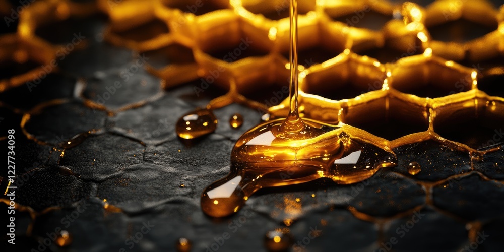 Poster elegant honeycomb texture with glistening honey dripping and ample space for text or branding custom
