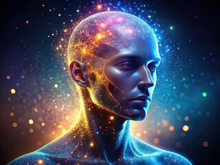 Minimalist AI art: a 3D model of a futuristic hologram head, glowing particles forming a particle face.