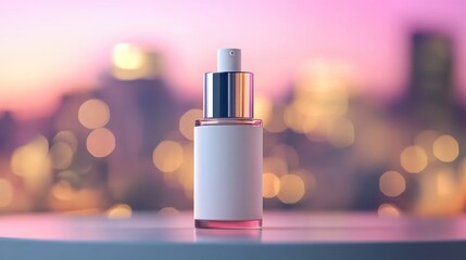 Elegant white cosmetic pump bottle on blurred bokeh city lights background for premium product promotion and display.