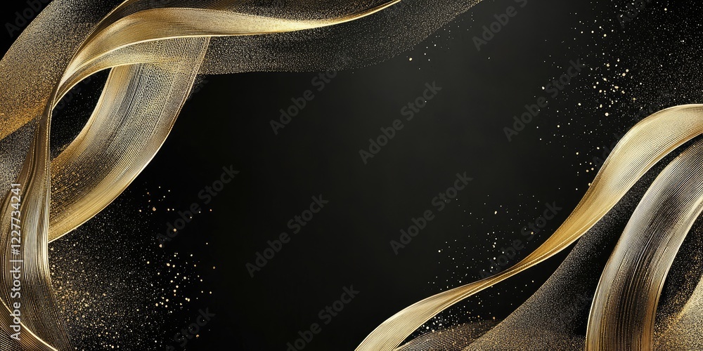 Poster elegant gold ribbon frame on dark background with copy space for text and subtle sparkle effects