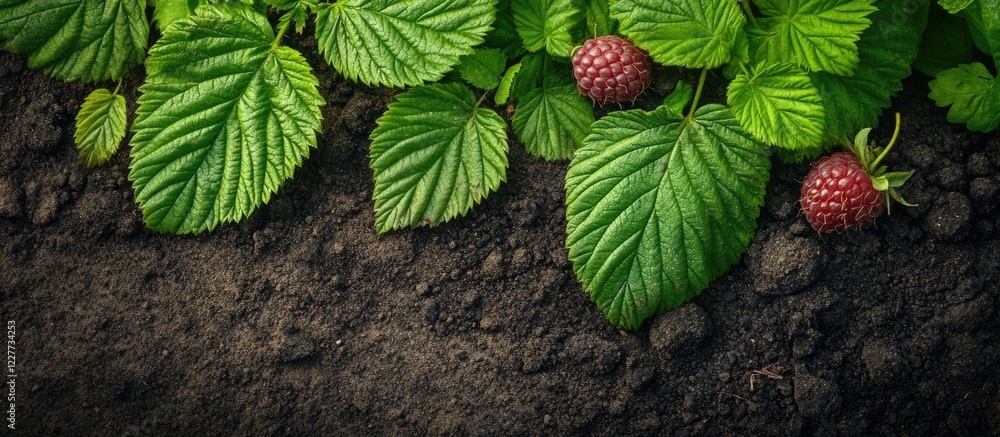 Poster fresh raspberry leaves and berries emerging from dark soil in a healthy garden setting with space fo