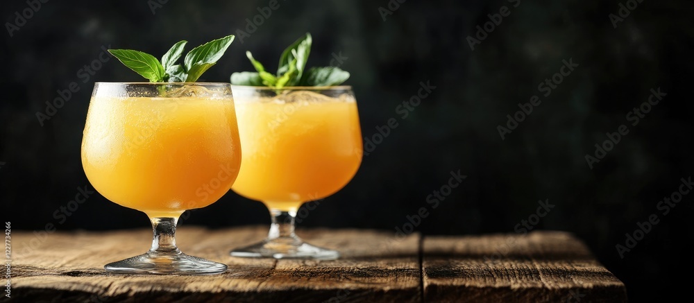 Poster refreshing orange juice served in elegant glasses on a rustic wooden table with space for text or br