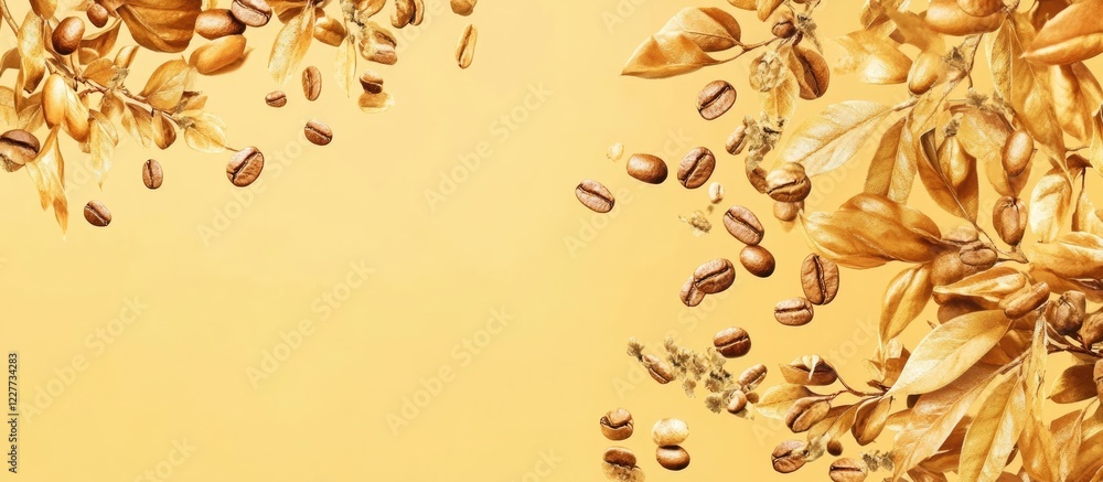 Poster fresh coffee beans on yellow background creating space for text and design elements in a stylish lay