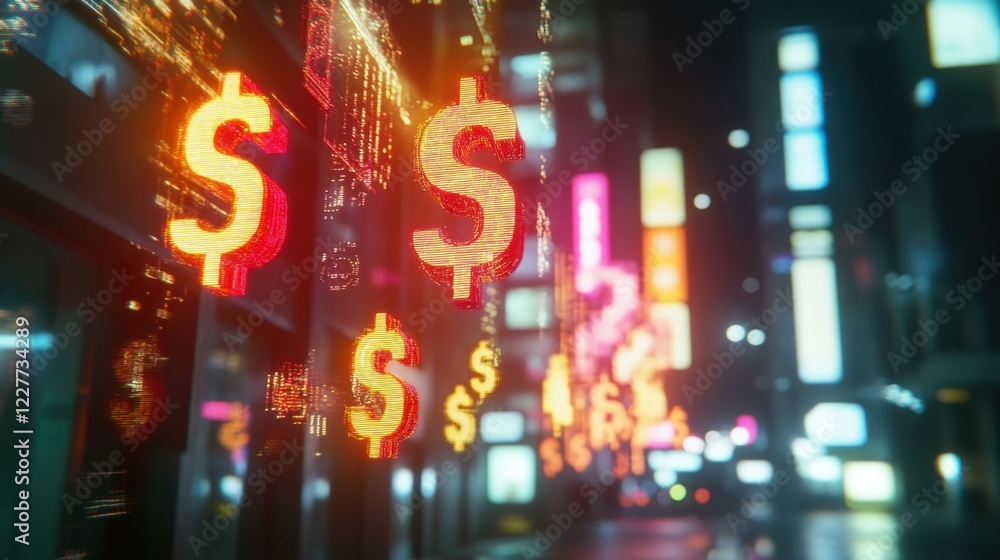 Poster evolving currency symbols bright holograms of various currency icons rotate gracefully their interco