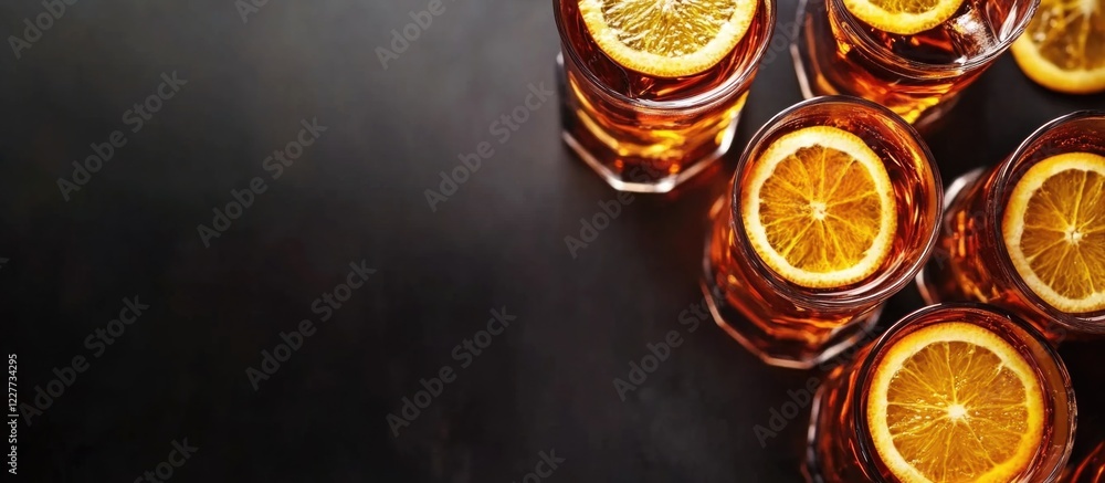 Poster glasses of amber juice with orange slices on dark background and ample copy space for your text or p