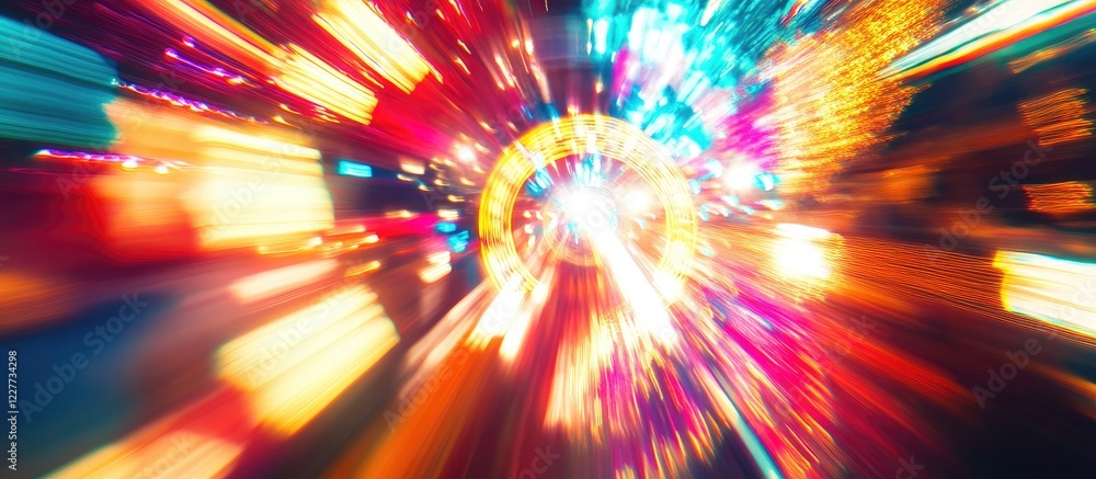 Poster vibrant abstract motion blur of neon lights in an amusement park at night with radial flare and empt