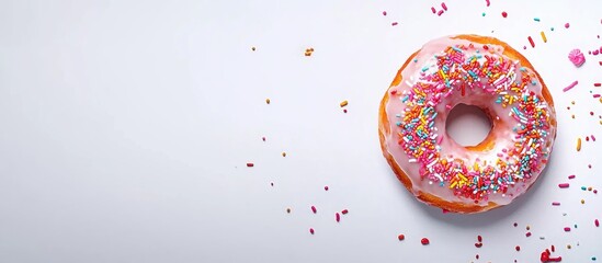 Glazed doughnut topped with colorful sprinkles on a clean white background ideal for food advertising and promotional content
