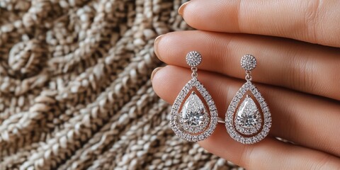 Elegant hand holding diamond drop earrings above textured rug with ample copy space for luxury jewelry advertisement or promotional text