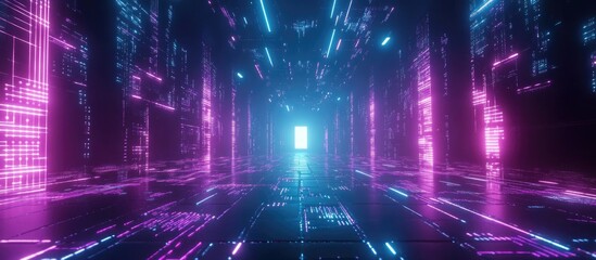 Futuristic digital tunnel with illuminated circuit lines and vibrant colors ideal for technology backgrounds and text overlays
