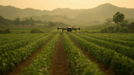 Drone Aerial View Over Green Crop Field with Mountains in Background During Sunset Light