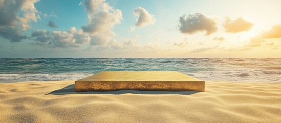 Obraz premium Gold medalist podium on sandy beach with ocean backdrop and empty space for text ideal for celebrating achievements or awards.