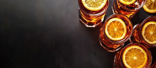 Glasses of amber juice with orange slices on dark background and ample copy space for your text or promotional message