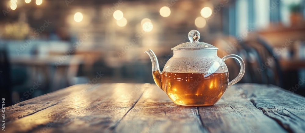 Poster elegant glass teapot with warm beverage on rustic cafe table with blurred background and copy space 