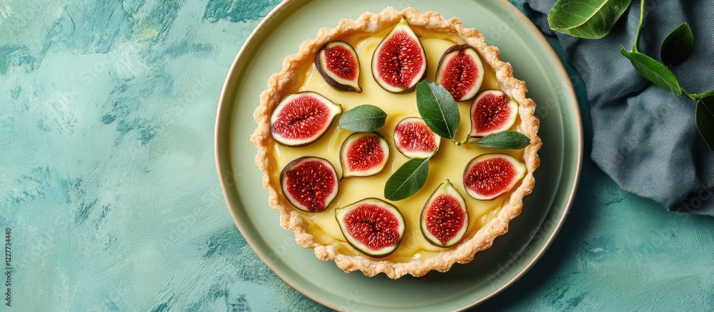 Poster glazed lemon tart topped with fresh figs on a green plate with negative space for text and soft fabr