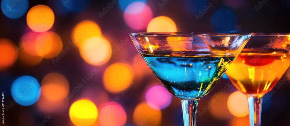 Aufkleber lively party atmosphere with friends sharing colorful drinks and laughter, featuring vibrant bokeh l
