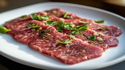 Slices of premium wagyu beef arranged neatly on a white plate, with visible marbling, ready for a high-end barbecue or shabu-shabu meal.