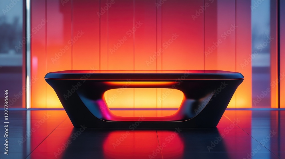 Poster modern minimalist tech display table with reflective surface and ambient color lighting