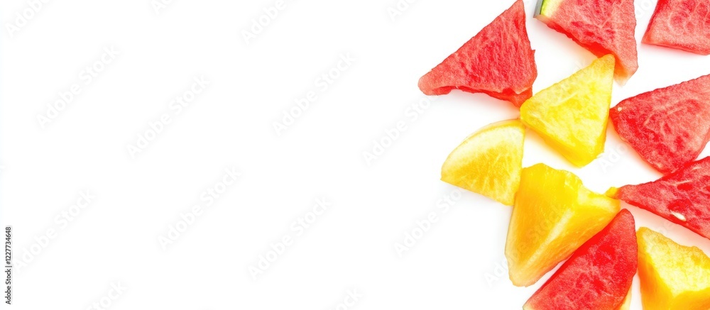Poster vibrant fresh watermelon slices in red and yellow arranged on white background with ample copy space