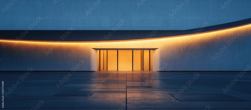 Poster modern abstract building facade at twilight showcasing warm illumination and empty space for text or