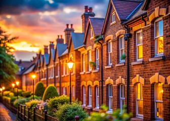 Fototapeta premium Charming Row of Red Brick Terraced Houses with Bokeh Background - UK Architecture Stock Photo