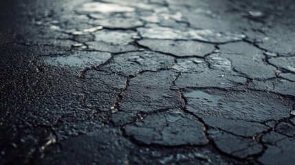 Cracked asphalt texture with damp surface highlighting road conditions and urban elements for transportation and infrastructure themes