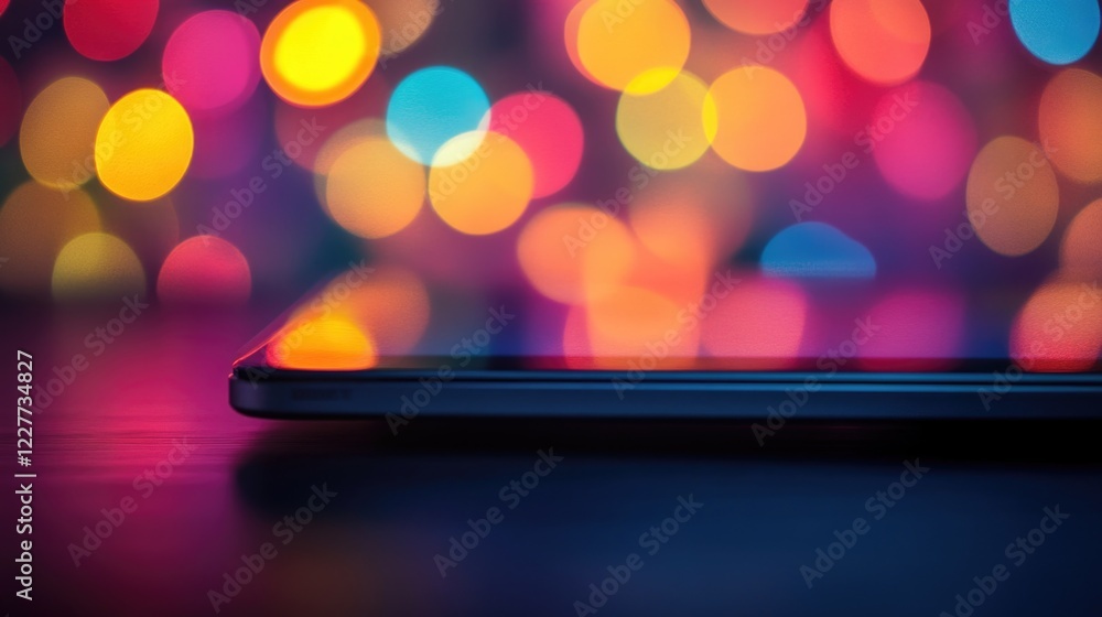 Poster modern tablet device on dark surface with vibrant bokeh lights in soft focus background