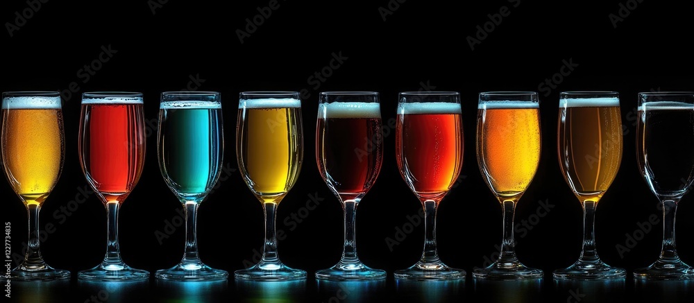 Poster assorted colored beers in glasses lined up against a black background with empty space for text or b