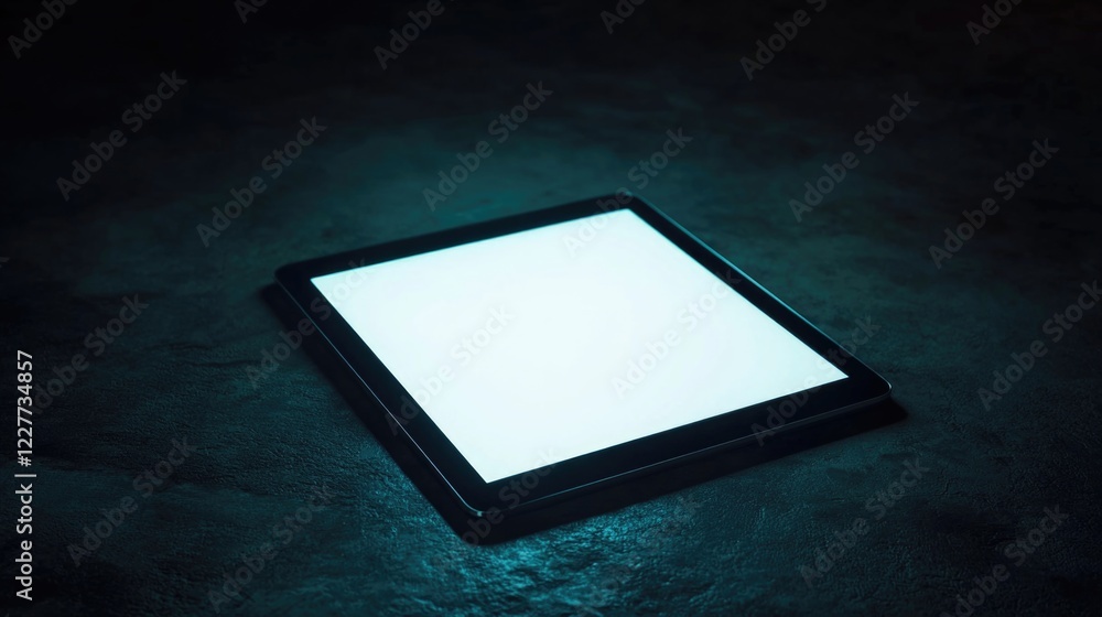 Poster modern tablet glowing in low light setting with a blank screen showcasing minimalist design and tech