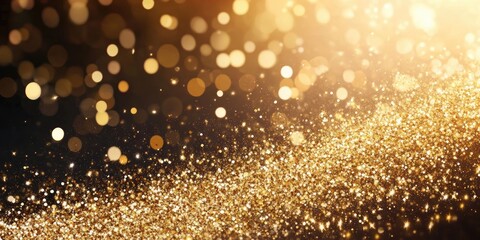 Elegant gold glitter background with bokeh lights for creative projects and customizable text or branding space.