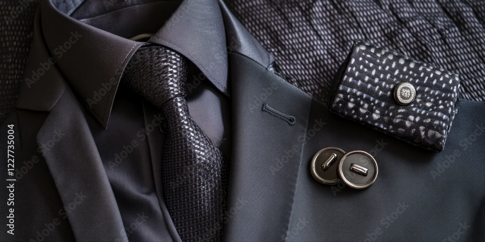 Poster elegant dark suit with matching tie and cufflinks showcasing a sophisticated style and ample space f