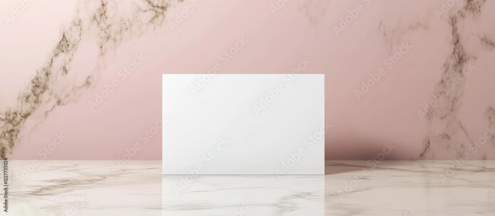 Poster minimalist business card mockup on marble surface with ample space for text over a soft pink backgro