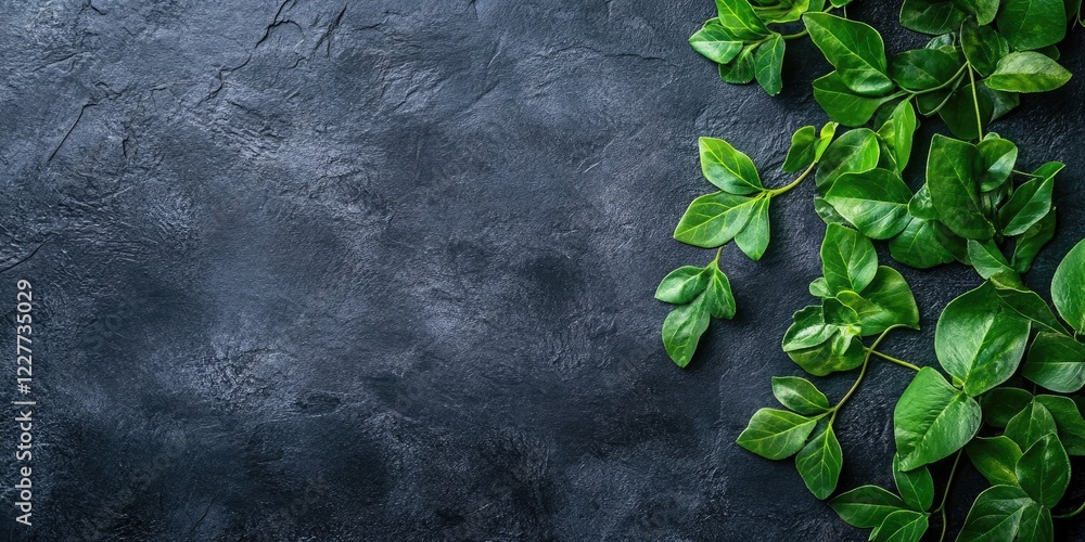 Poster elegant green leaves on dark textured background with ample copy space for your creative text or mes