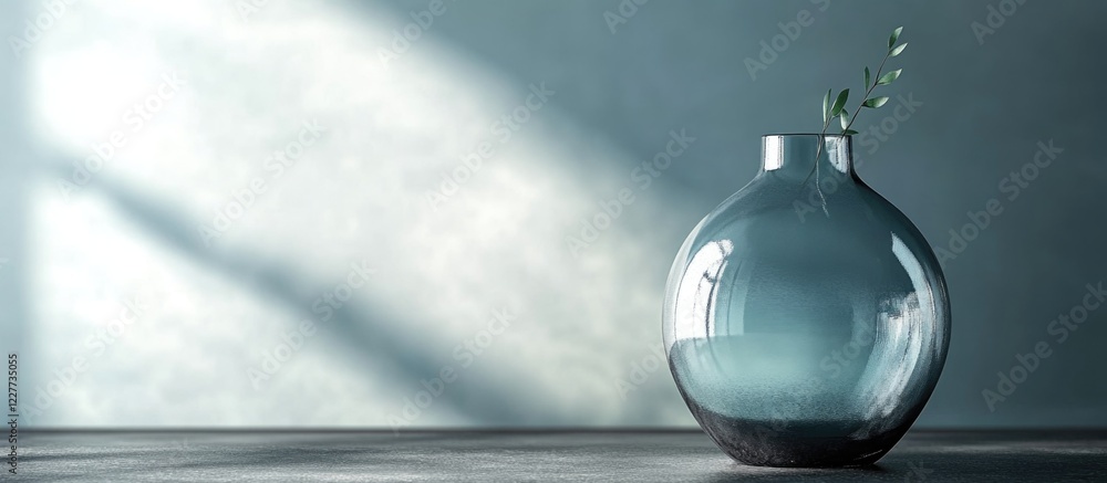 Poster glass vase with water and greenery on a dark table in a bright room showcasing minimalistic design a