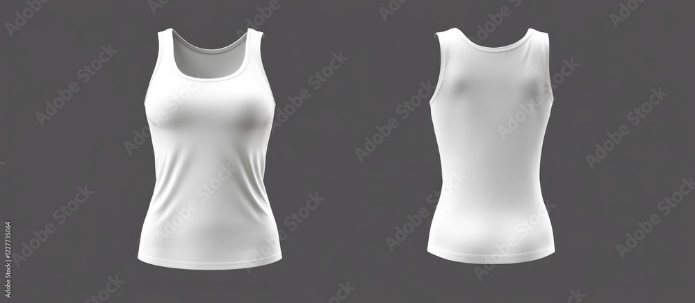 Poster front and back view of women's white tank top with blank space for customizable designs or text on g