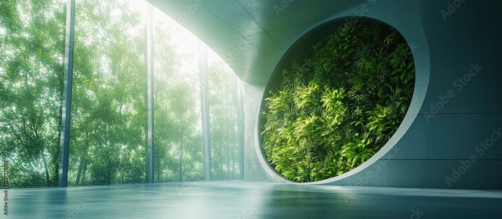 Poster futuristic eco-friendly data center interior with large circular window showcasing greenery and ampl