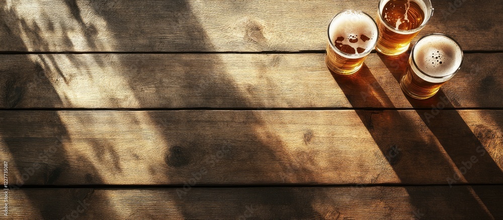 Poster friends enjoying beer toast on rustic wooden table with copy space for text and natural light shadow